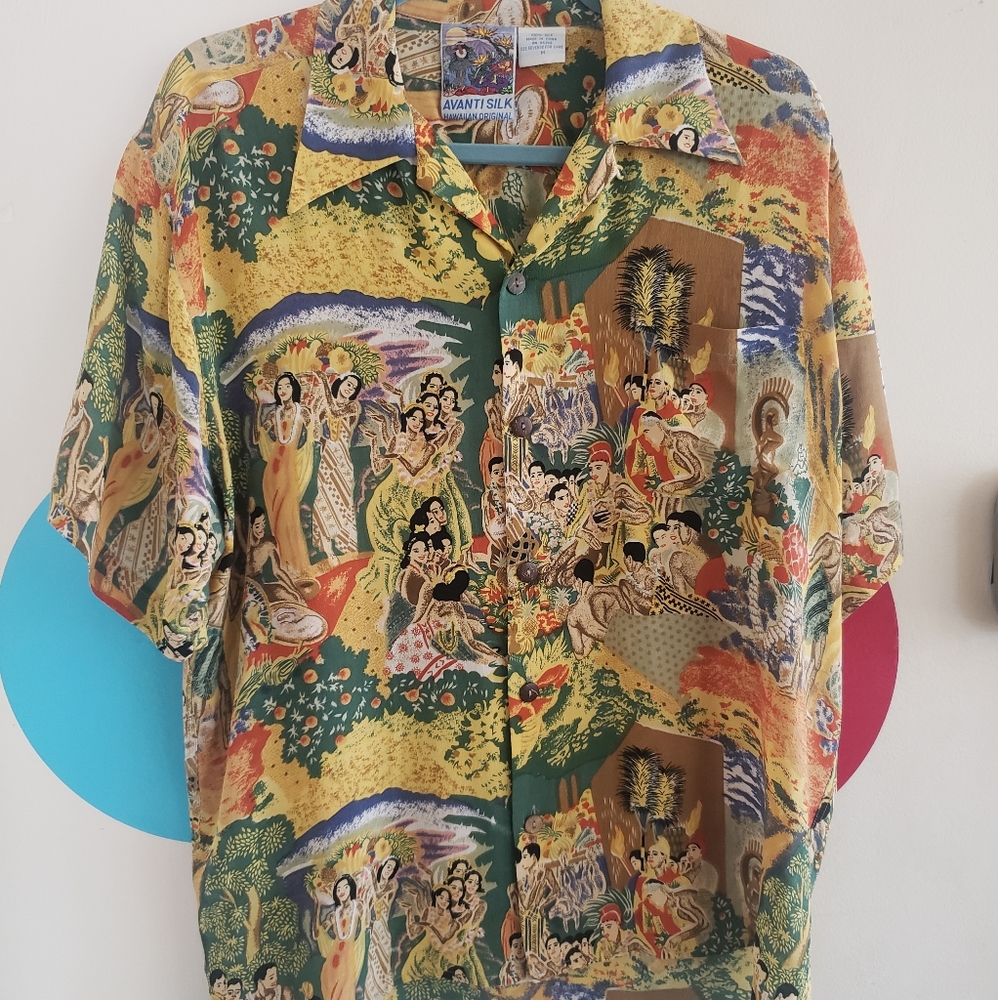 Avanti Hawaiian Aloha Silk Shirt Eugene Savage Matson Menu Design Luau Print
